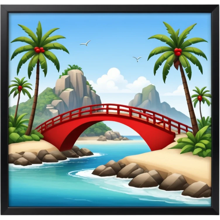  island with contemporary architecture, beaches with palm trees, and a red bridge on one side emoji