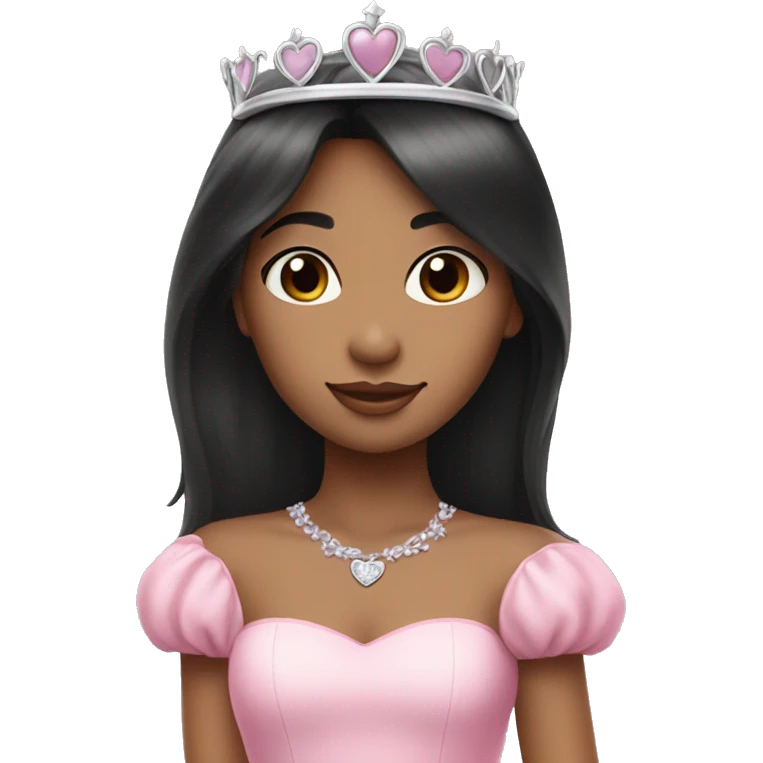 Princess girl long black hair with bang with silver pink heart tiara and pink dress emoji