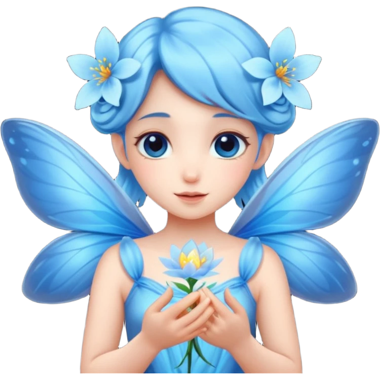 A shy fairy with soft blue wings, gently holding a glowing blossom.
 emoji