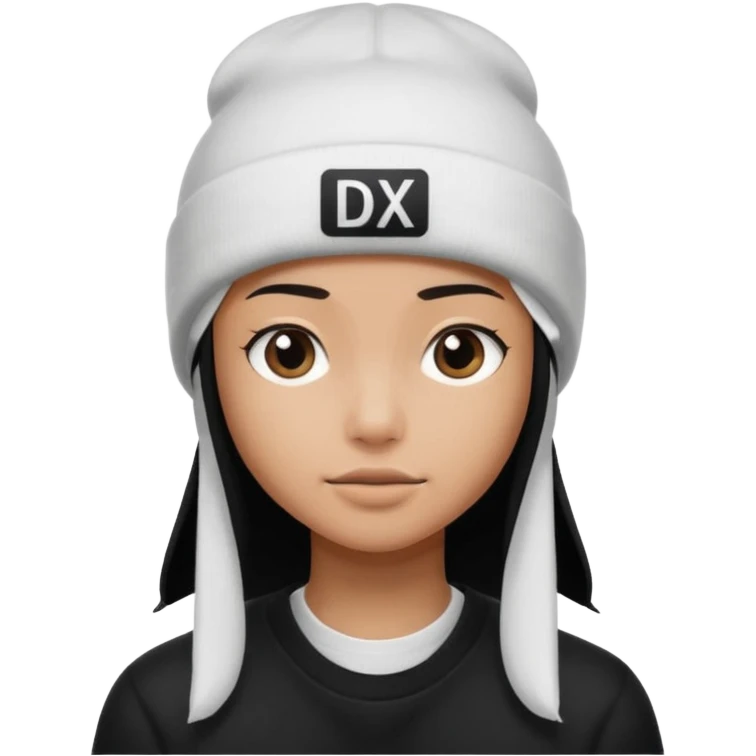 wearing a white beanie with an black square logo with the word "DX" written on it.

 emoji