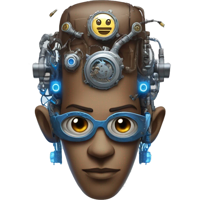 Brown cyborg head with blue Mohawk, blue beard, silver steampunk monocle goggles a smile and circuits emoji