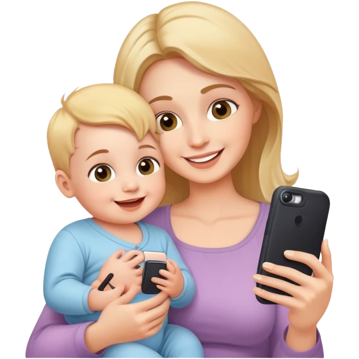 happy mother holding phone taking selfie with smiling baby emoji