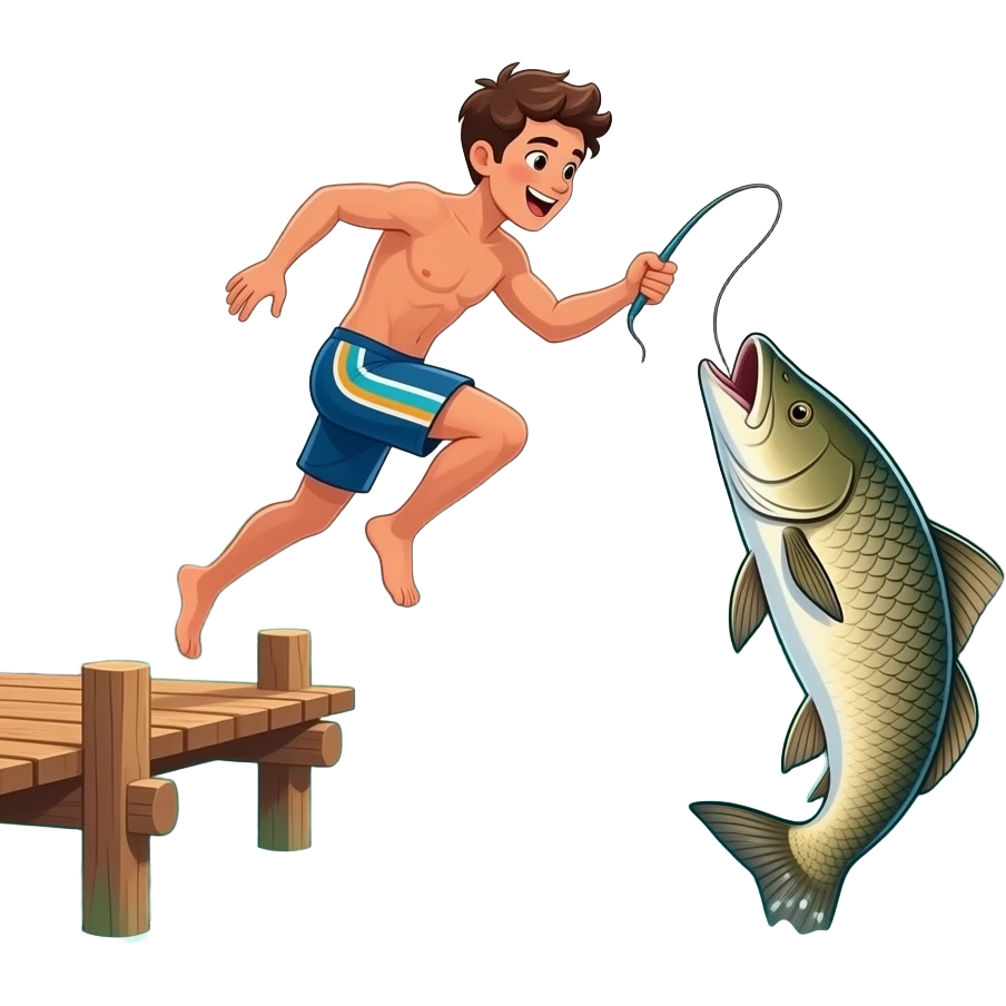 a guy jumping into the water for a long arapaima fish that he lost emoji