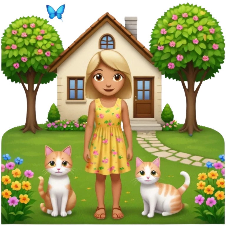 Девушка купила дом и стоит на фоне дома. Вокруг участок, деревья, зелень, цветы, кот emoji