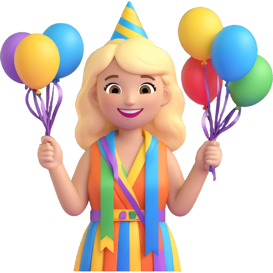 happy party girl, 3D emoji style, big smile, streamers emoji