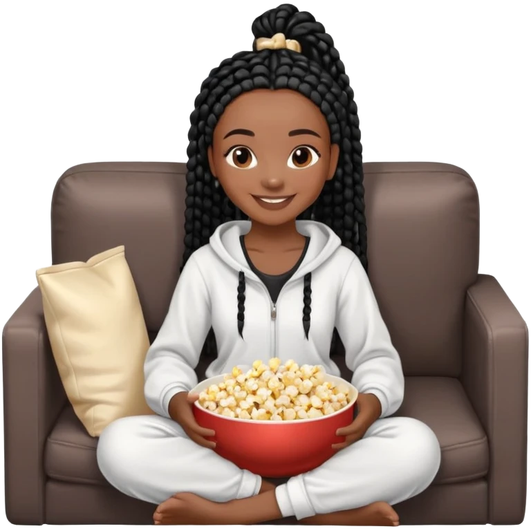 A dark-brown-skinned Black woman with black box braids, holding a large bowl of popcorn in her lap, smiling , wearing comfy loungewear sitting on couch emoji