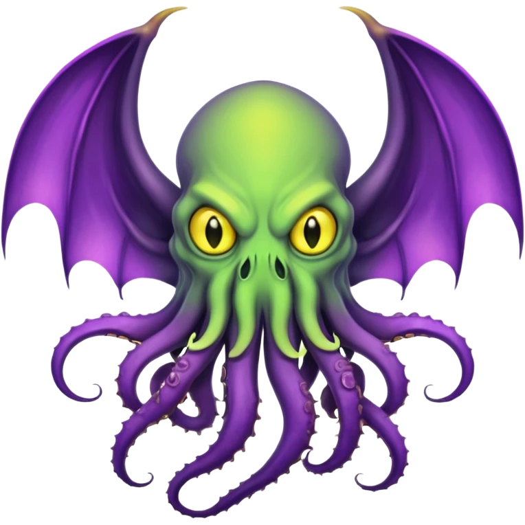 light green Cthulhu with purple bat wings and purple gradient tentacles. Yellow angry eyes. yellow suckers on tentacles. dramatic ominous shading emoji