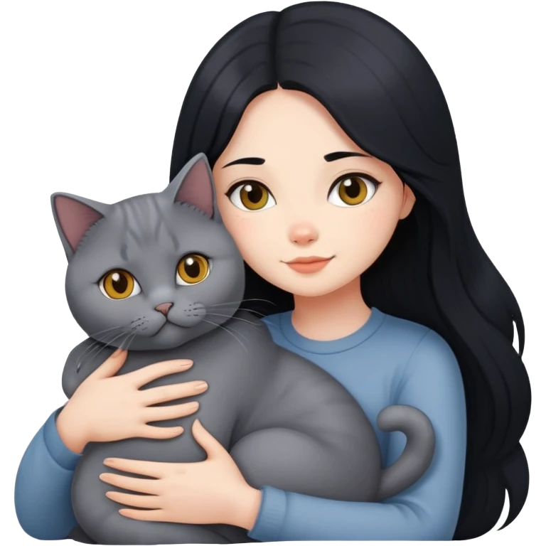 A beautiful girl with long black hair hugs a British Shorthair emoji