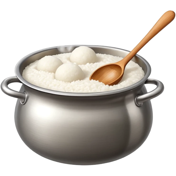 deep stainless steel pot with boiling floating glutinous rice flour balls and one wooden spoon emoji