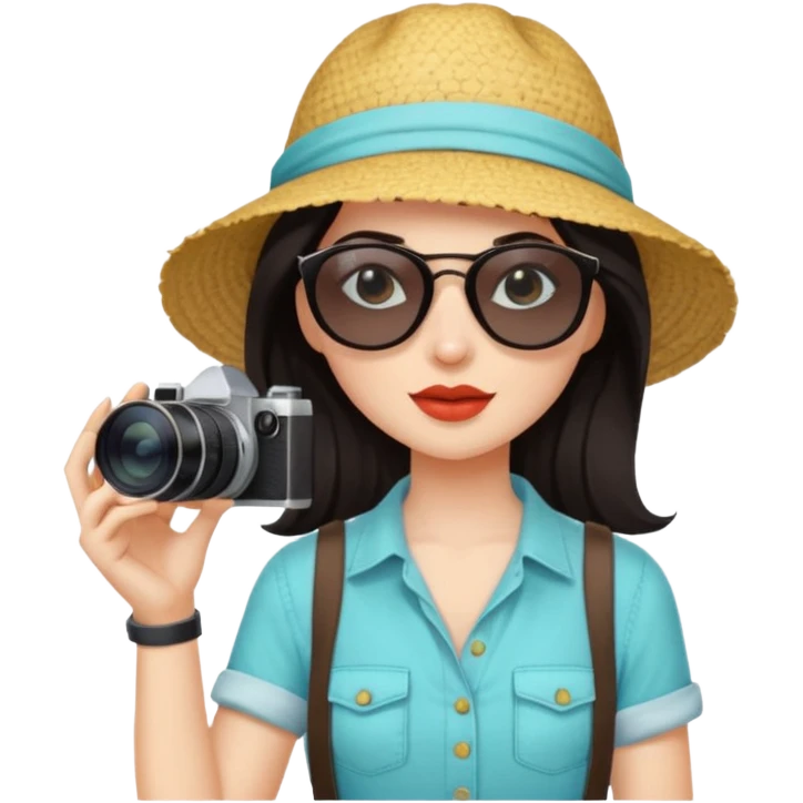dark haired woman fotographer with summer clothes and sun glasses emoji