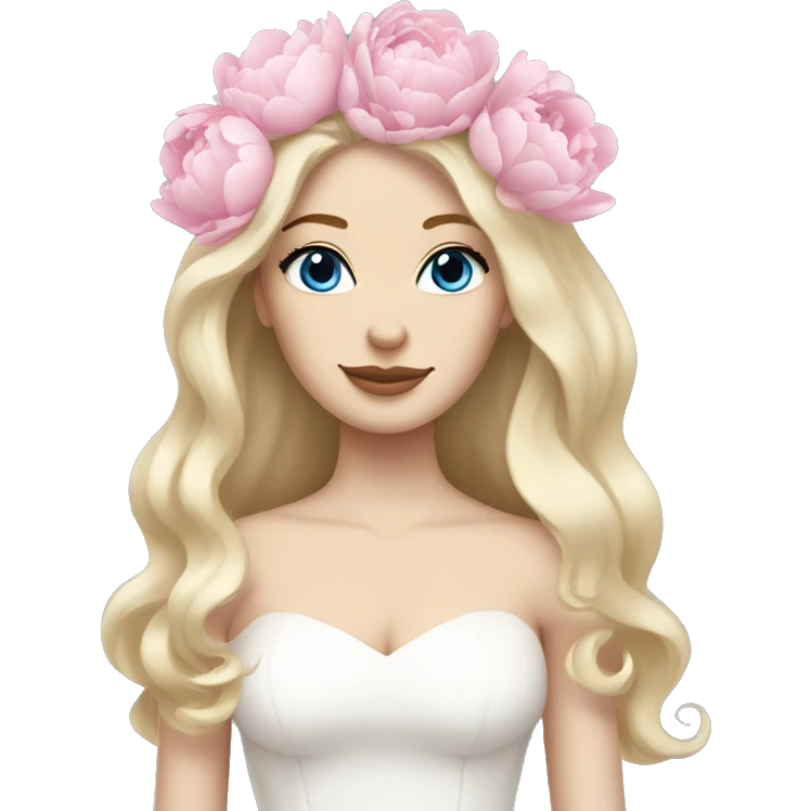 White bride with long light blonde hair and blue eyes with light pink peonies in hair white skin  emoji