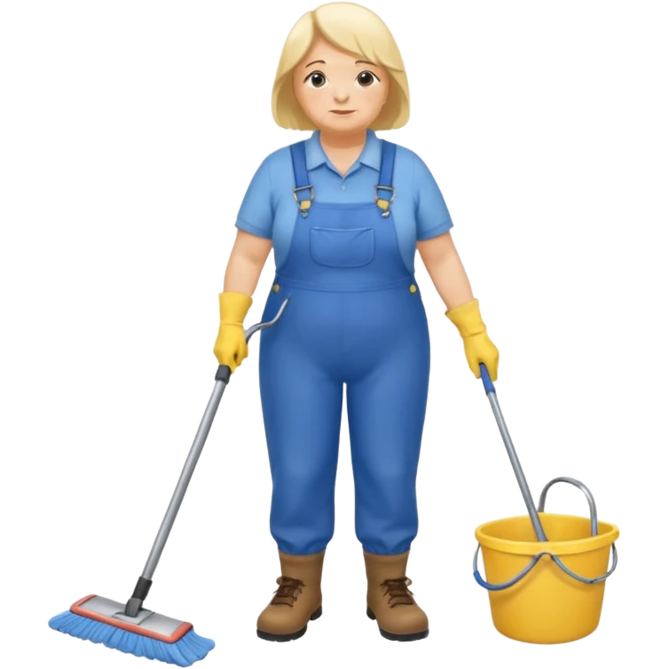 old and fat women, Custodian with yellow rubber gloves, white T-shirt, blue overalls, mopping floor emoji
