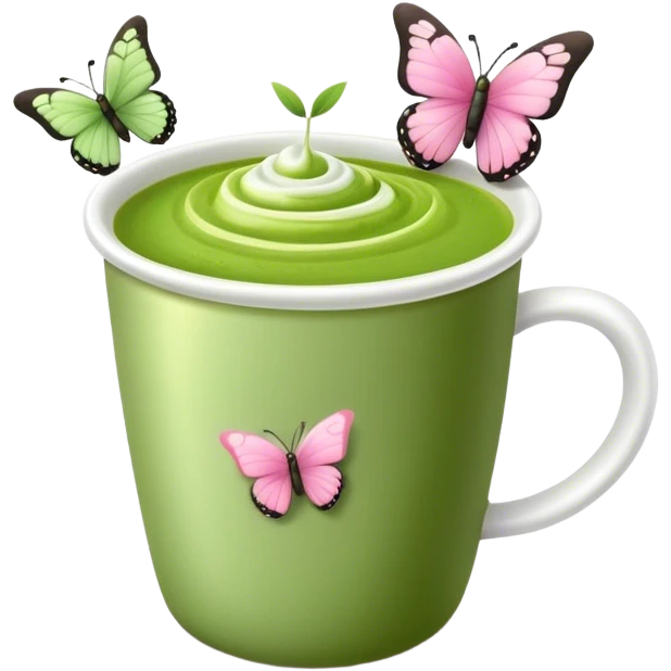Matcha aesthetic with small pinkbutterly chams onthe cup emoji