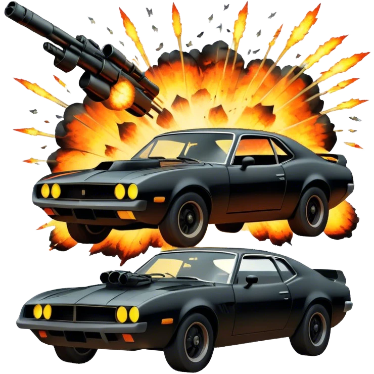 Photorealistic Icon for Action Movies: Dynamic close-up collage of iconic action movie scenes featuring explosions, fast car, combat and weapons. Include silhouettes of famous action heroes, dramatic lighting and a sense of high-octane energy. Transparent background. emoji