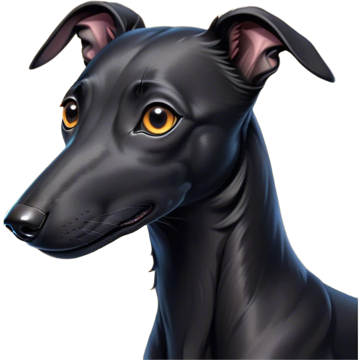 Cinematic Cute Black Greyhound Portrait Emoji, Head tilted playfully and inquisitively, featuring a smooth, shiny jet-black Fur and round, sparkling dark eyes filled with curiosity, Simplified yet irresistibly adorable features, highly detailed, glowing with a warm, friendly glow, high shine, affectionate and agile, stylized with a touch of whimsy, bright and endearing, soft glowing outline, capturing the essence of a mischievous yet loving racer, so playful it feels like it could dash out of the screen and into your arms! emoji