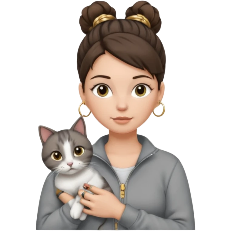 a white girl with brunette hair in a messy bun holding a grey cat. the girl has long lashes and has on a grey zip up that is half way zipped and under a white shirt and gold jewelry that is hoop earrings and gold bracelets. emoji