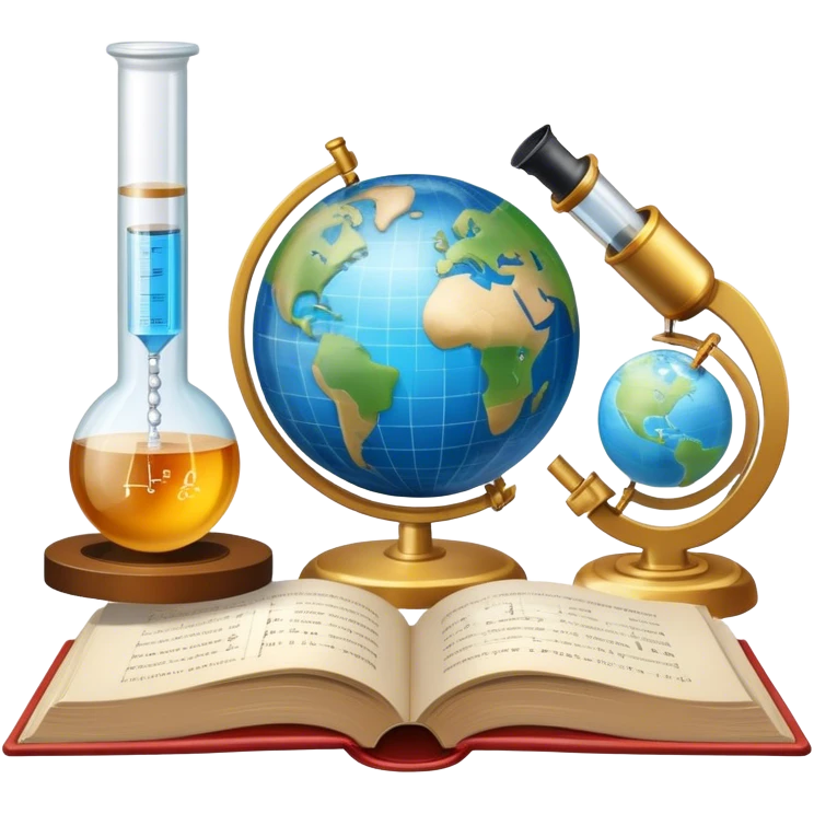Icon for Scientific and Educational Reading: an open book with mathematical formulas, a microscope, a test tube, and a globe. The icon should represent the curiosity and knowledge found in scientific and academic books. Transparent background. emoji