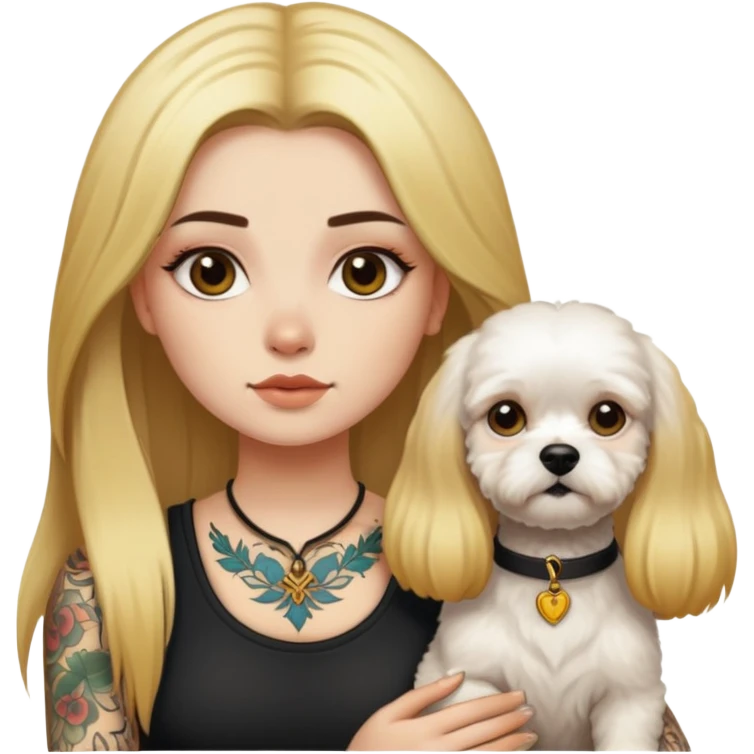 a  girl with glod  straight long hair and tattoos and a Bishon frise emoji