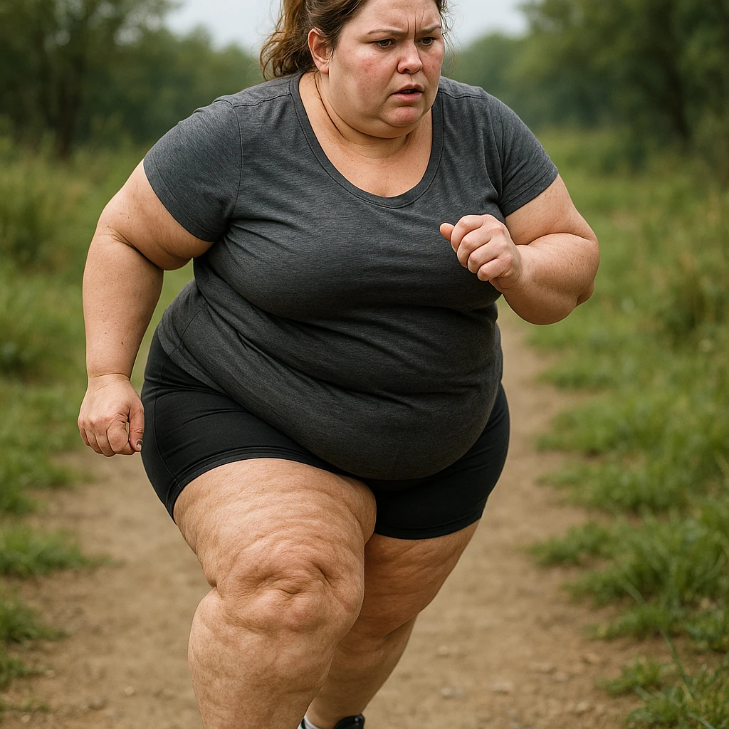 overweight woman training outdoors, stubborn fat on legs and thighs, hyper realistic 4K style, realistic details, natural background emoji