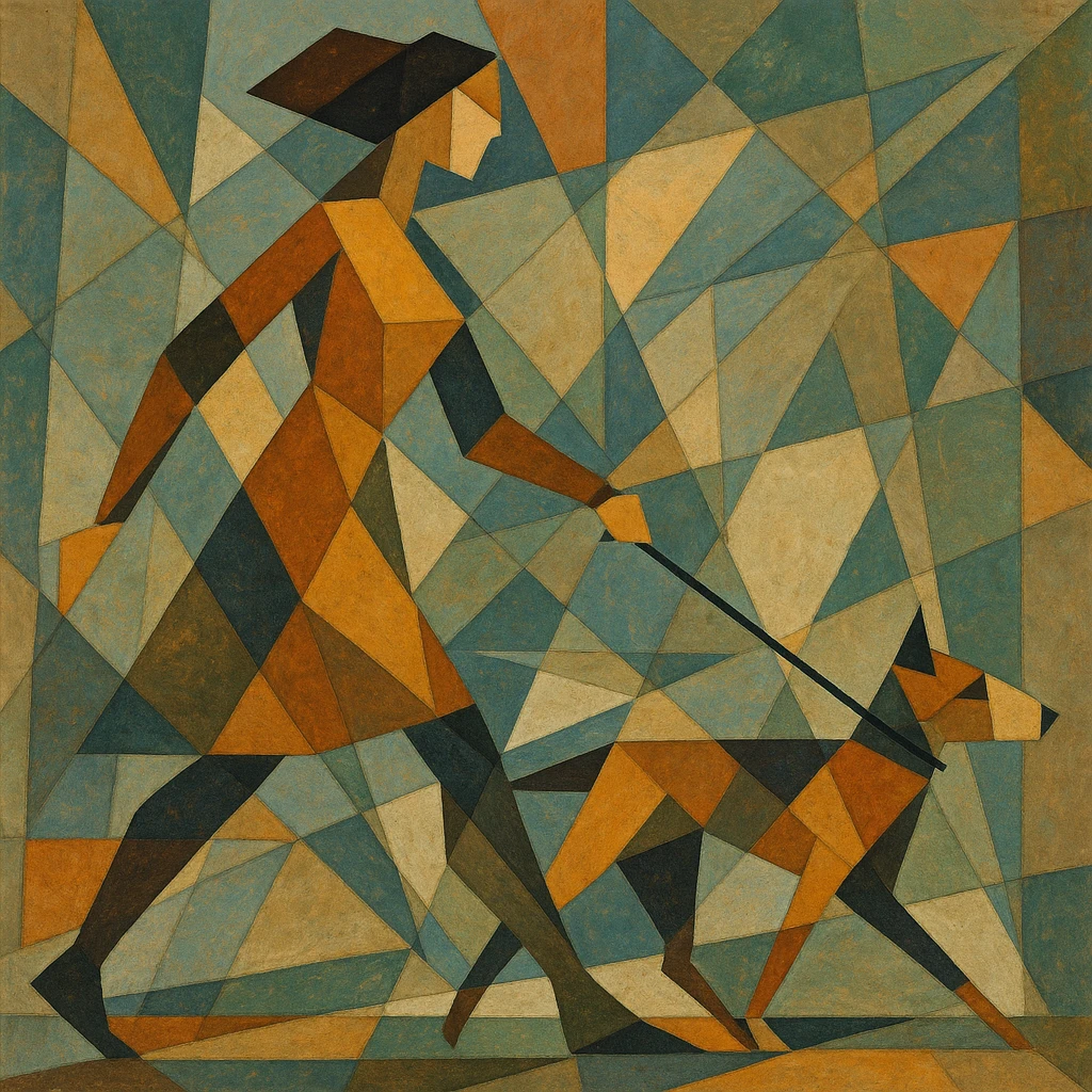 Woman walking a dog, both stylized in faceted motion lines. emoji