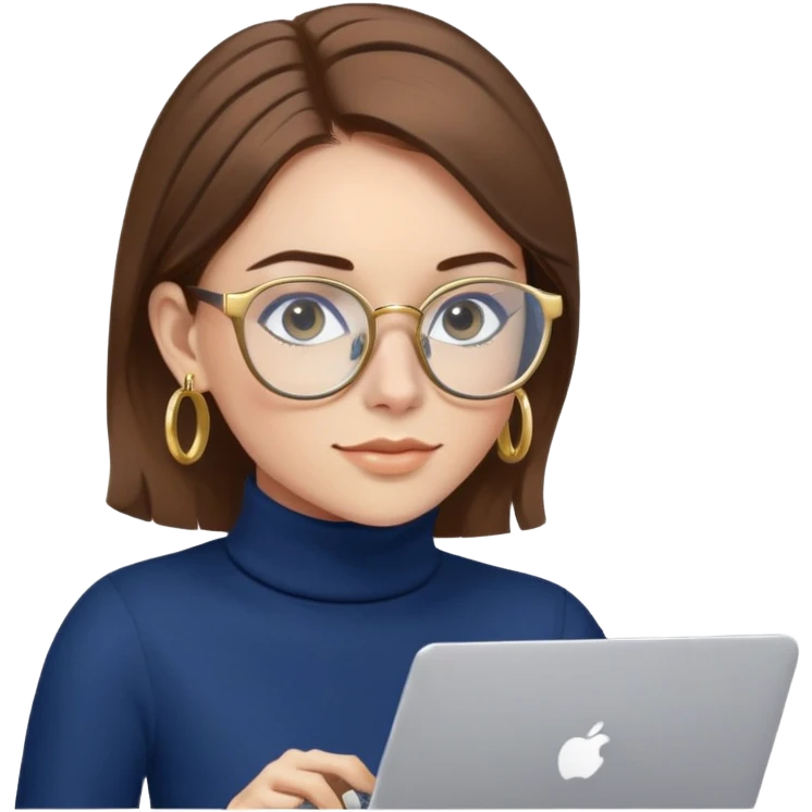 Female programmer with brown hair, navy blue turtleneck, gold hoop earrings, blue computer glasses, using laptop emoji