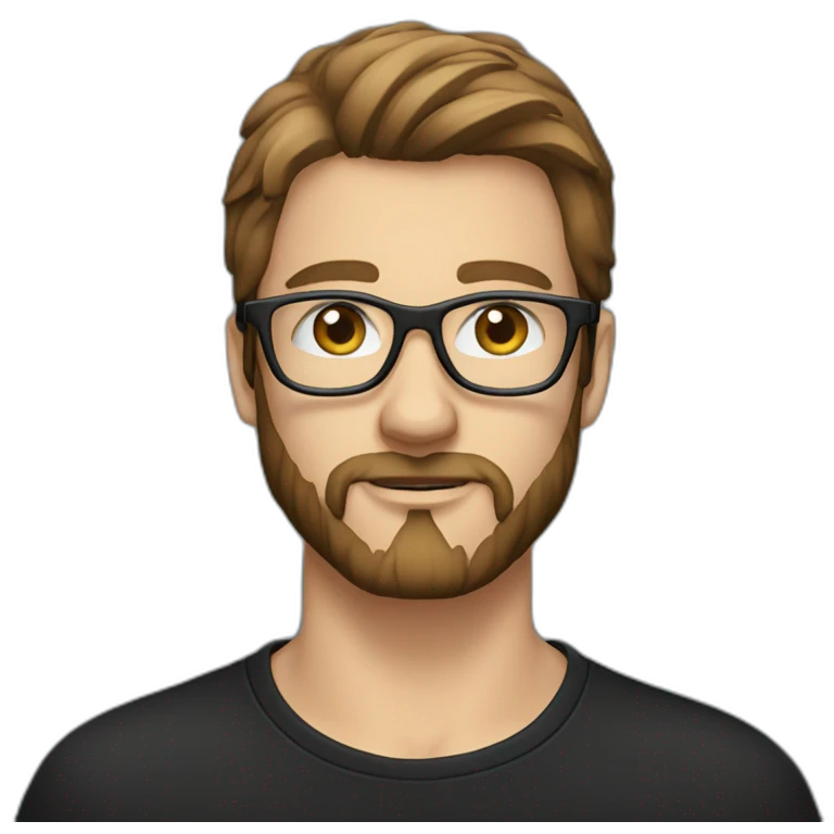 guy with straight long brown hair and blue eyes and transparent glasses and with beard and wears black tshirt emoji