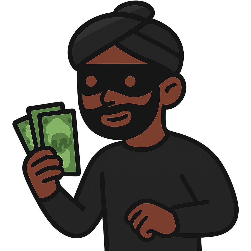 flat toon style black robber holding cash, wearing a turban emoji