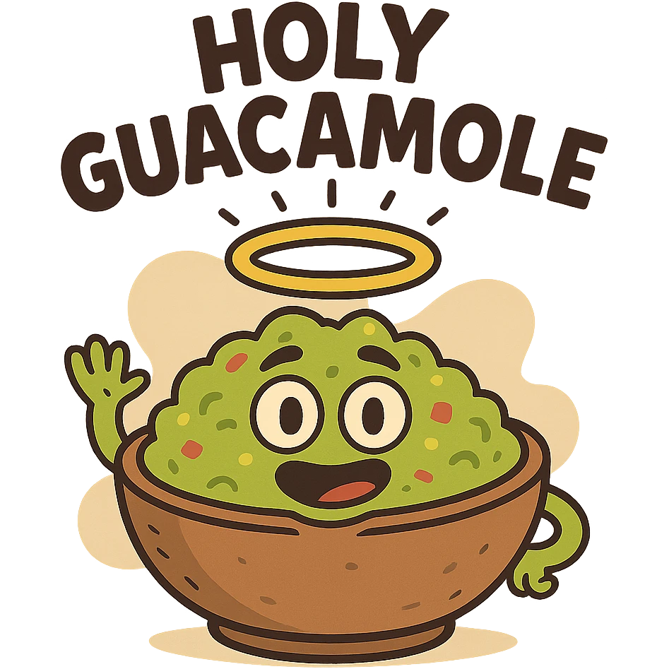 cartoon guacamole bowl with a halo, 'holy guacamole' text emoji