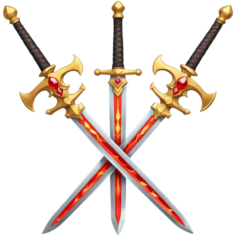 Two crossed swords that are golden in blade and handle and have fiery and royal appearence to them as well as red gem stones emoji