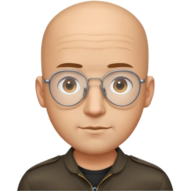Oval-faced man with large forehead, aviator glasses, completely bald sides with extremely short dark curly hair only on crown, light brown skin, friendly neutral expression, black shirt emoji