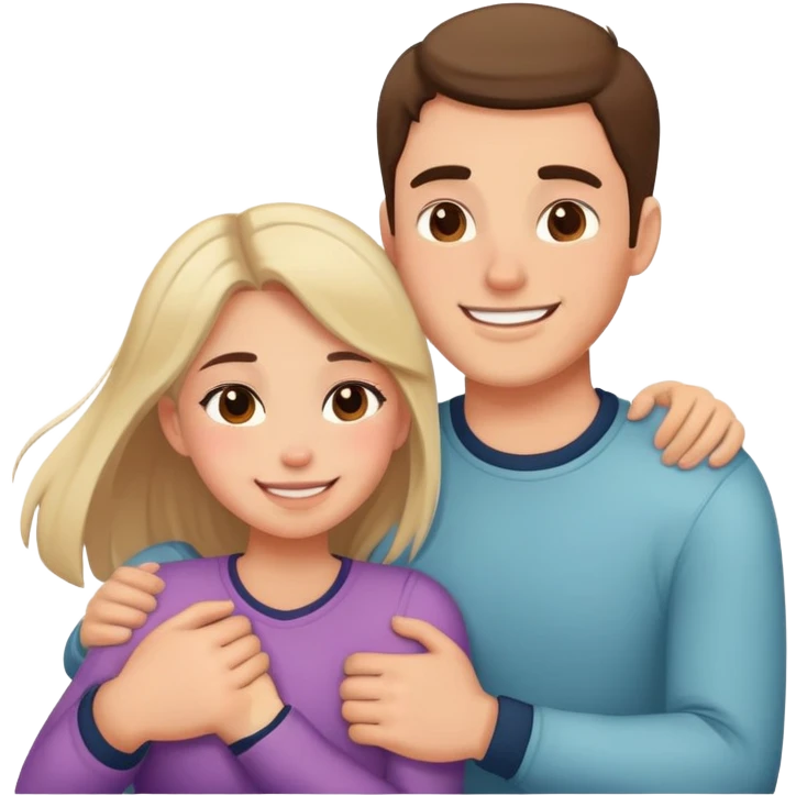 A couple - a guy and a girl . The girl pulls the guy's cheeks. He seems to be hugging and touching him . The guy is happy emoji