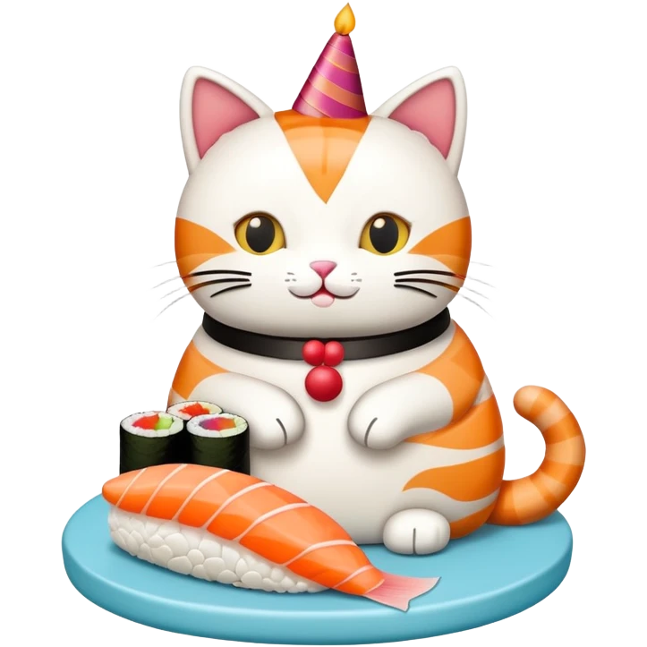 cat with a birthday cake made out of sushi emoji
