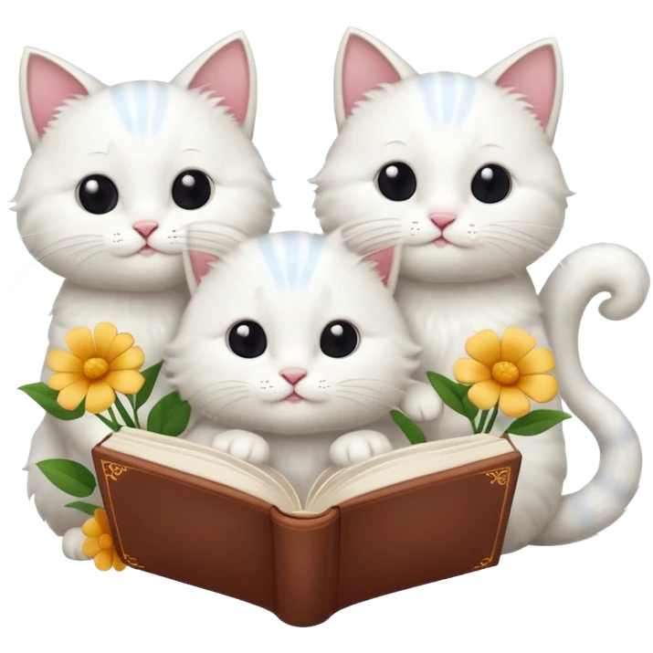  3 white Cats reading book + flower emoji