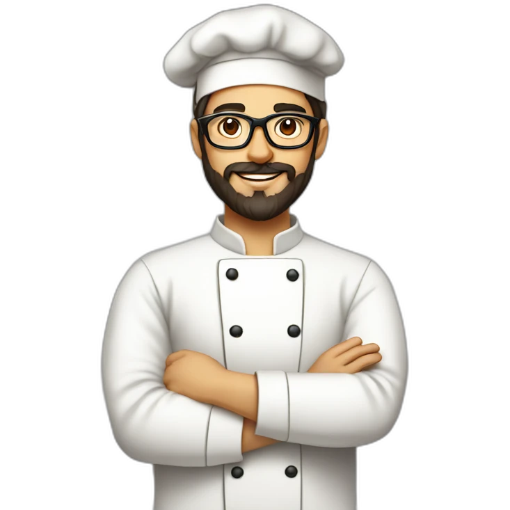 30 years old chef with beard and smooth short dark hair and big glasses proudly holding a pizza emoji