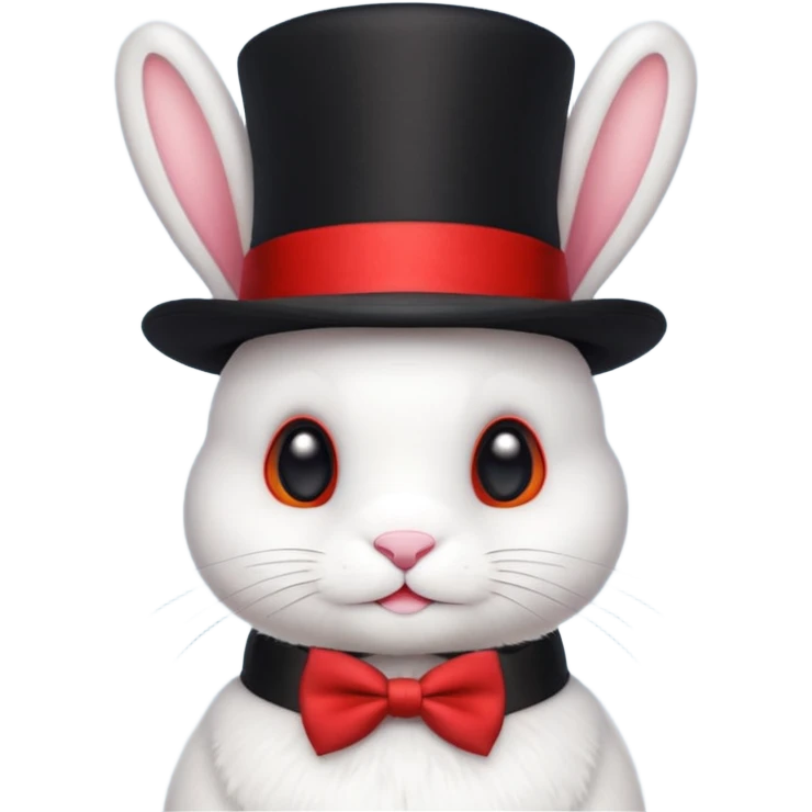 Cute emoji-style white bunny wearing a black top hat with a red band and a red bow tie, big round eyes, fluffy fur, clean mascot style, centered, transparent background, 1:1 ratio. emoji