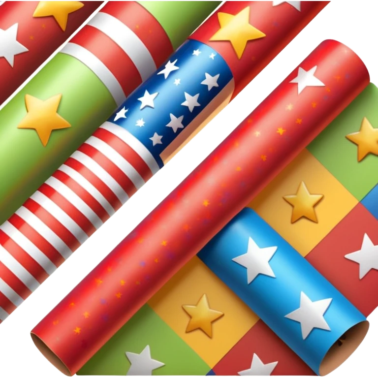 long cylindrical roll of glossy wrapping paper, partially unrolled, colorful pattern with stars, stripes, festive motifs, smooth reflective finish, crisp edges, visible cardboard tube at center, no scissors tape or ribbon, apple emoji style, soft lighting, subtle shadows, emoji scale emoji