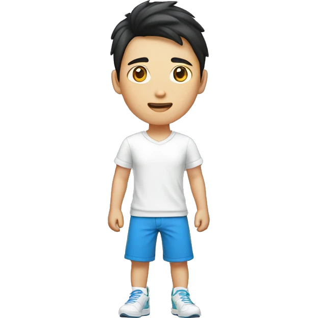 teen guy asian with short pants, white shirt sarcasm imprint, colorful teel blue running shoe emoji