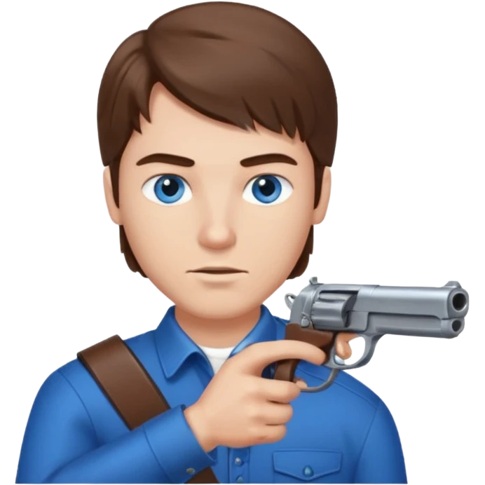 guy w medium long brown hair and blue eyes with gun pointing at head emoji
