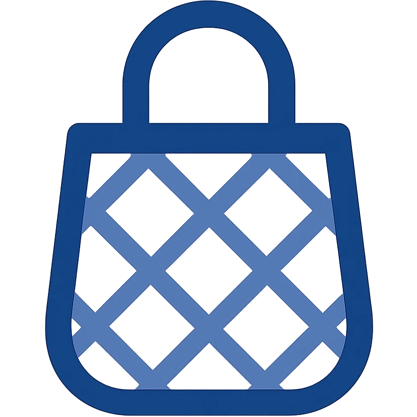 minimal blue mesh tote bag emoji icon, flat style, soft blue, small handle, mesh net texture, clear and simple for small sizes emoji