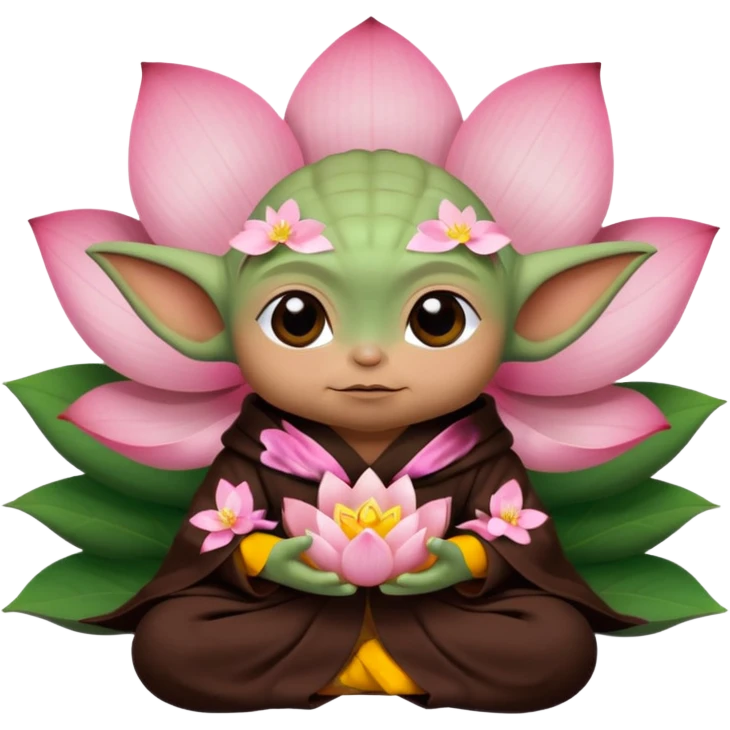Baby Yoda con su tunica chocolate oscuro sentado dentro de una flor de loto emoji