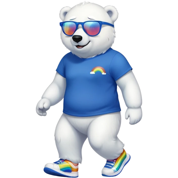 muscular friendly anthropomorphised polar bear walking confidently, wearing a royal blue t-shirt, black pants, white trainers, and oversized rainbow glasses emoji