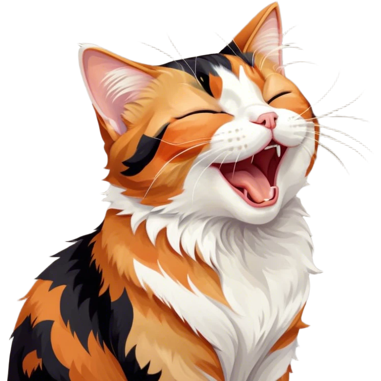 Cinematic Cute Yawning Calico Cat Portrait Emoji, Head tilted mid-yawn with a charming, relaxed expression, showcasing a soft patchwork fur of vibrant orange, black, and white, simplified yet irresistibly adorable, highly detailed, glowing with a cozy, gentle radiance, high shine, exuding sleepy yet endearing charm, styled with a soft glowing outline, capturing the essence of a calico cat caught in a delightful yawn that seems ready to cuddle up for a nap! emoji
