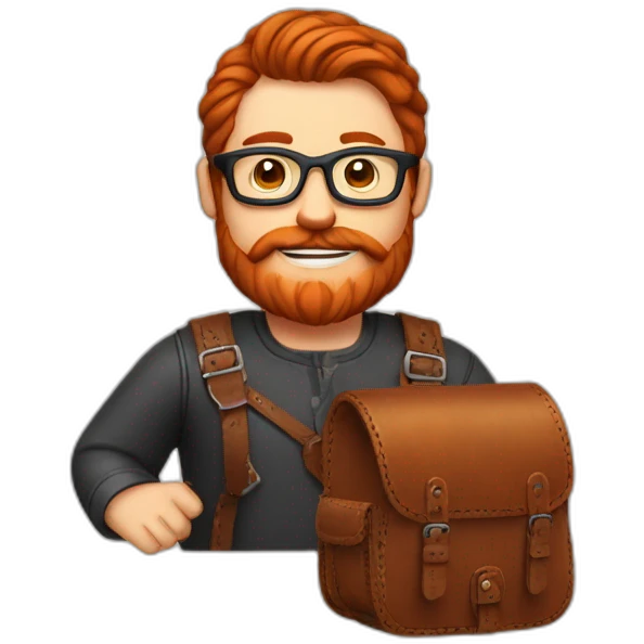 Red smooth haired man with beard and glasses hand sewing a leather saddle emoji