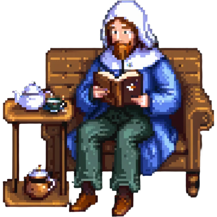 Chaucer reading and sipping tea, simple background, pixel art style emoji