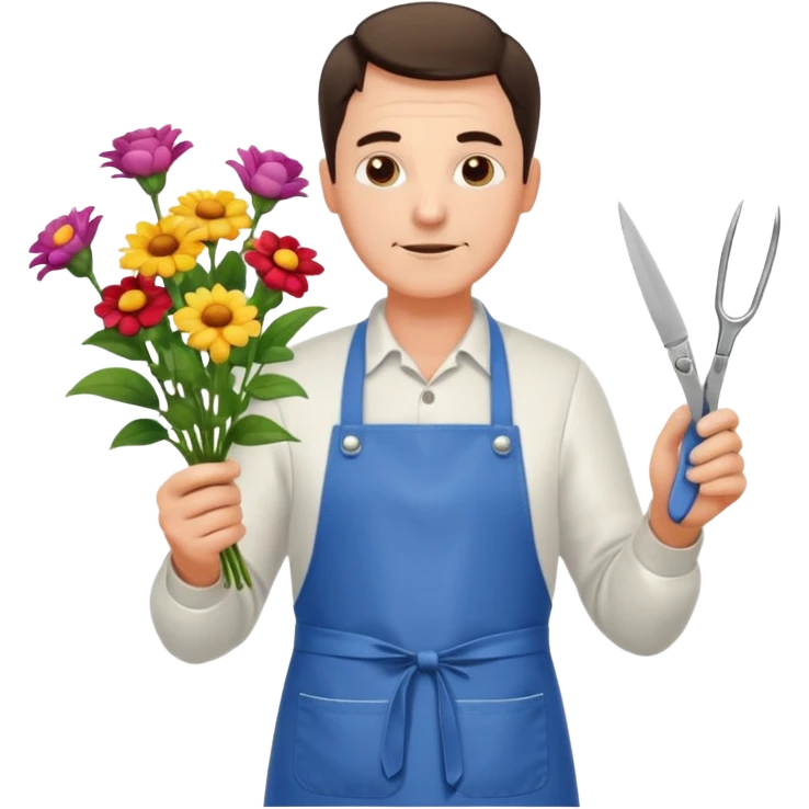 Middle-aged male florist – apron on, trimming stems with scissors emoji