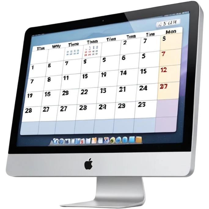 front-facing iMac displaying a day view calendar with time slots and several booked appointments emoji