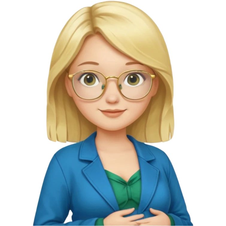 pregnant blonde 18-year old with golden glasses in a bright blue dress and a dark green jacket on top of the blue dress emoji