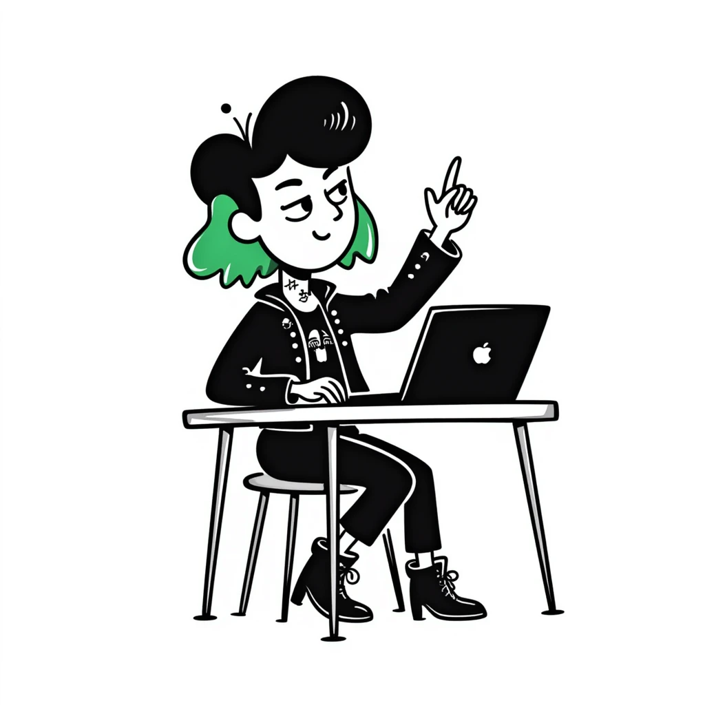 Alternative rocker girl with green and black hair, nose ring, neck tattoo, wearing combat boots and studded leather jacket, confidently raising hand while sitting at desk with laptop in music class emoji