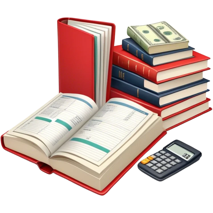 Icon for Business Reading: an open book with graphs, numbers, percentages, formulas, and text on the pages, next to a stack of books, a pile of dollars, a calculator and business magazines like Forbes. Transparent background. emoji