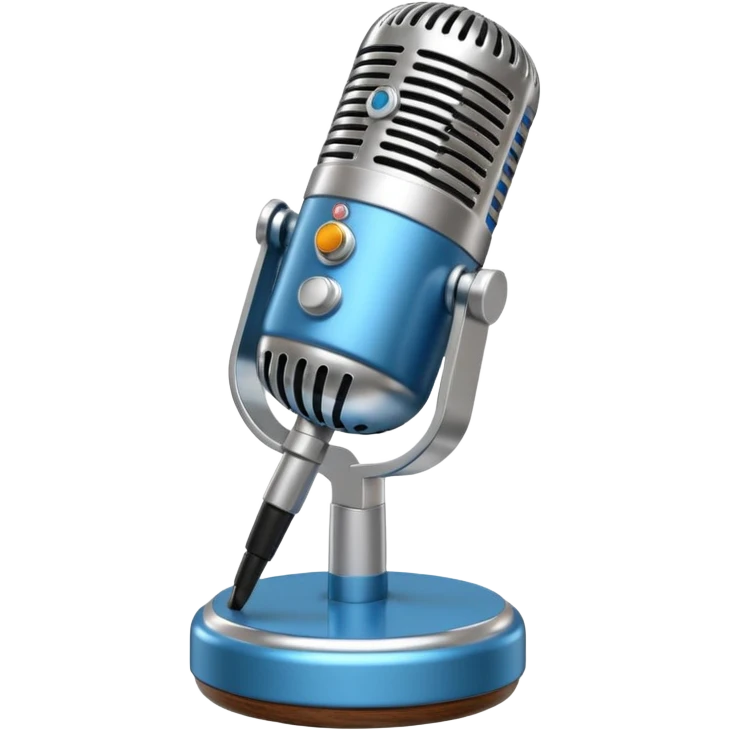 3D render of Elvis Microphone, vintage 1980s audio equipment aesthetic, tactile analog buttons, shiny silver metal grille with a blue handle, mixed wood grain and brushed aluminum textures, Apple emoji style, isolated on white background --v 6.0 emoji